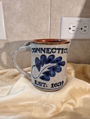 Harvey Pottery Connecticut Ceramic Mug with Blue Leaf Design